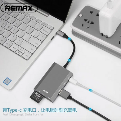 USB хаб REMAX Type-C Tank Series Docking Station RU-U30 4KHDMI, 2USB 3.0, Type-C PD, TF/SD Card Slot. Grey