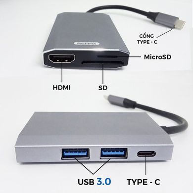 USB хаб REMAX Type-C Tank Series Docking Station RU-U30 4KHDMI, 2USB 3.0, Type-C PD, TF/SD Card Slot. Grey